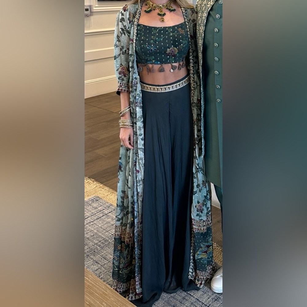 Boho indian outfit crop top with wide leg pant and jacket set